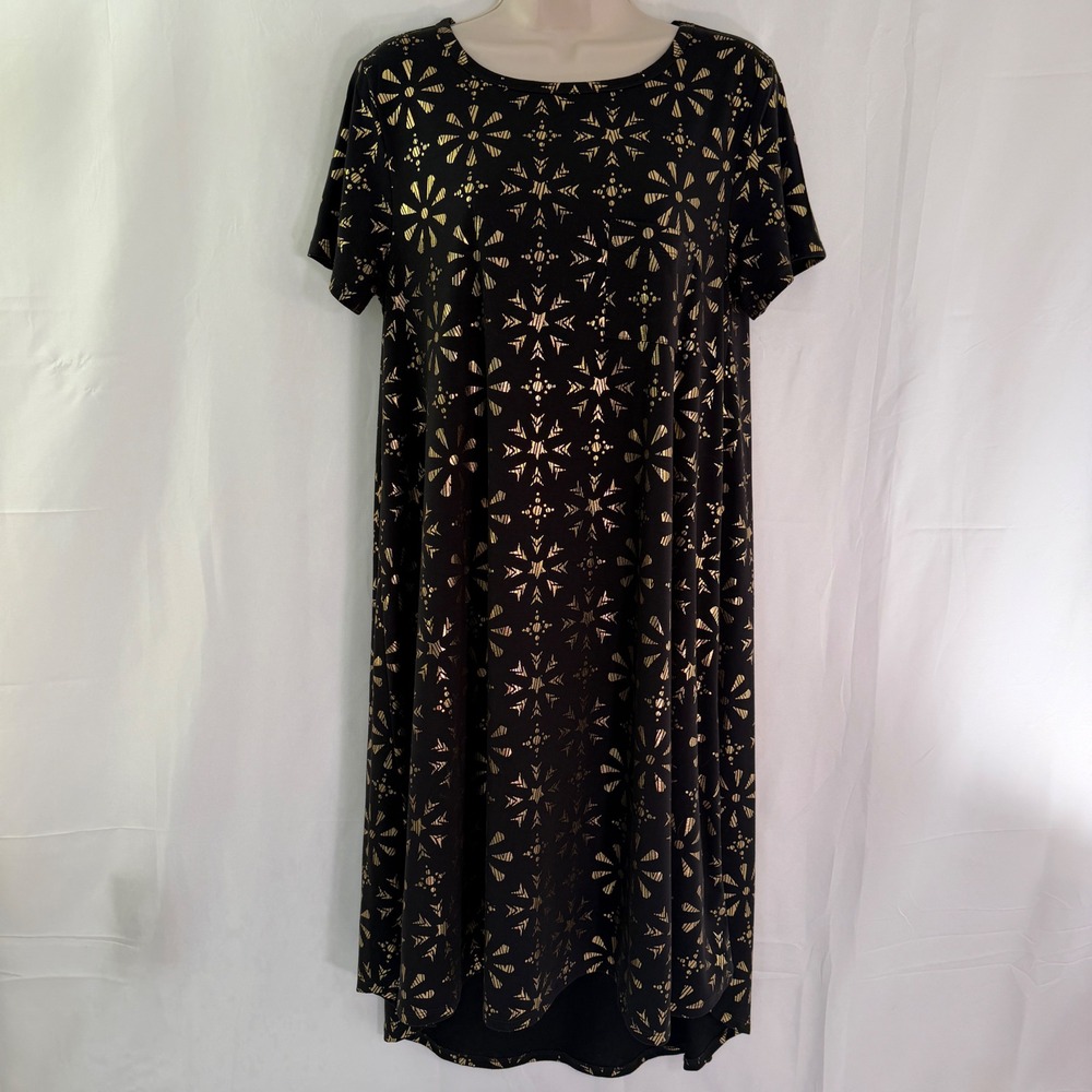 LuLaRoe Carly Dress Small Black Gold Metallic Geometric High Low Short Sleeve S